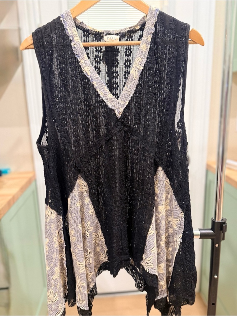 POL Black Lace V-Neck Tunic with Cream Insets